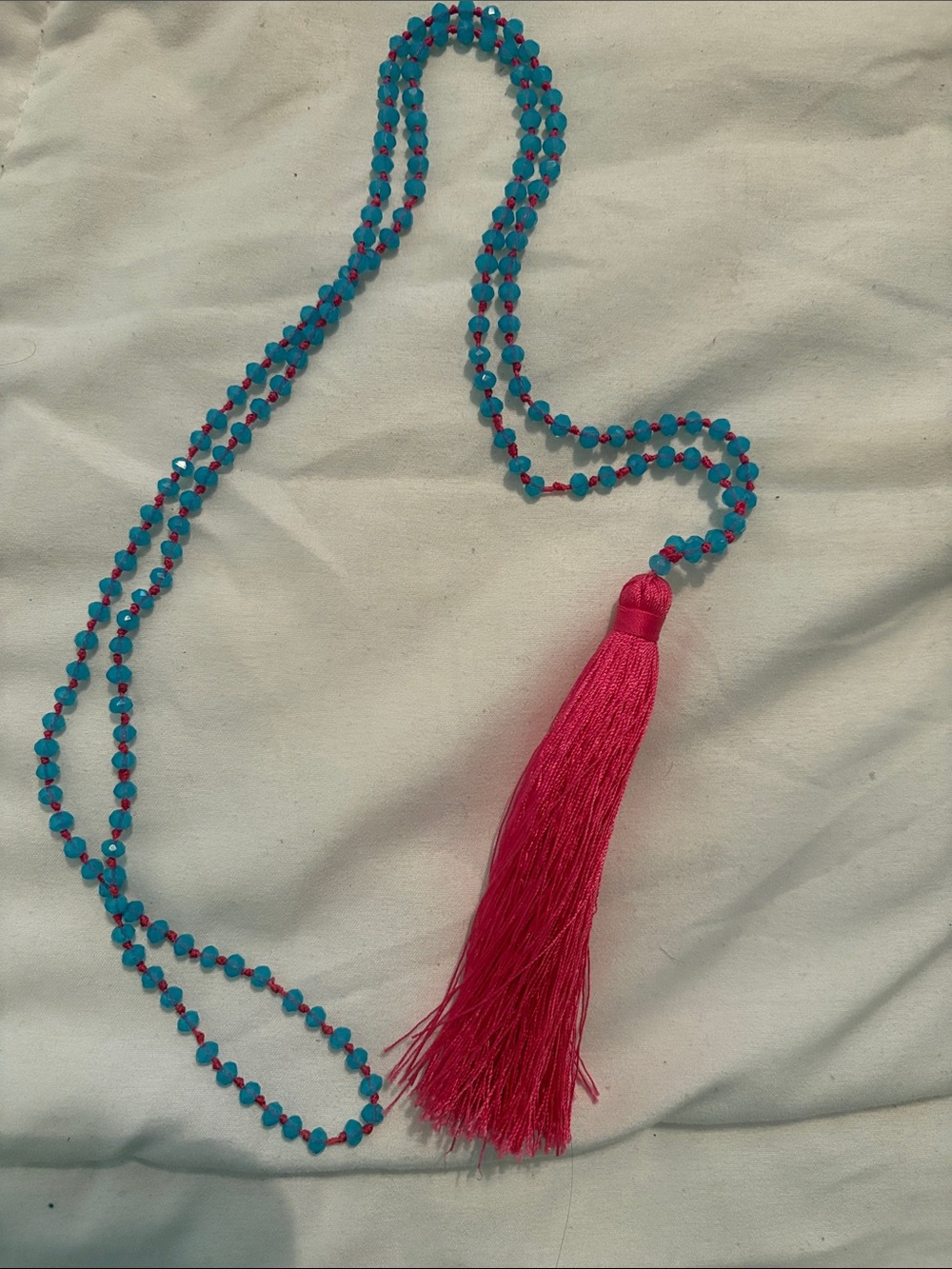 Beaded Turquoise and Hot Pink Tassel Necklace